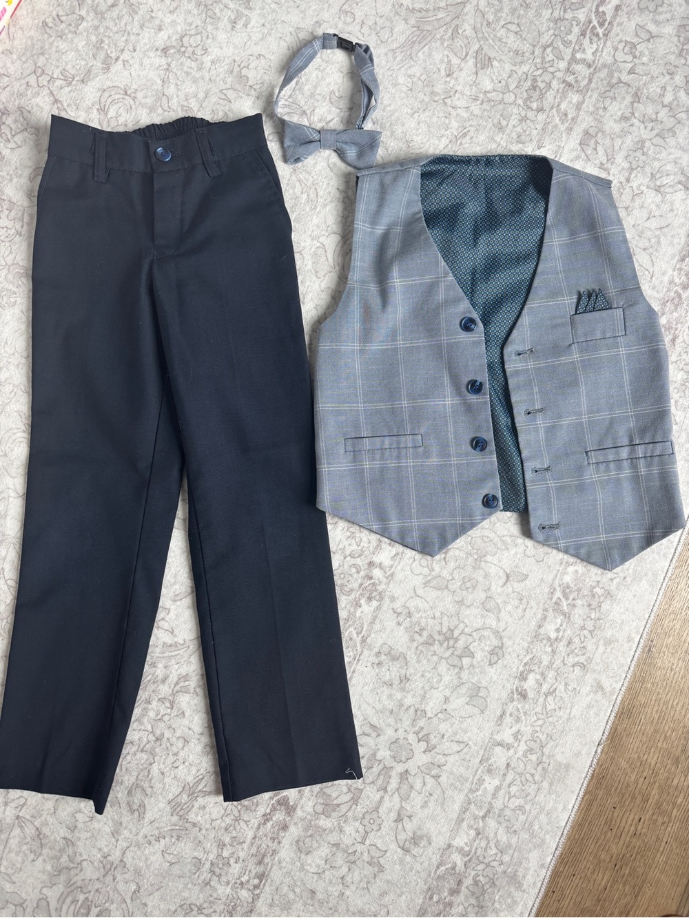 Isaac Mizrahi Gray Windowpane Vest with Navy Pants & Bow Tie